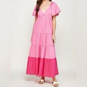 Strut & Bolt Pink Colorblock Tiered Maxi Dress Flutter Sleeve Size L